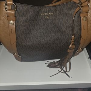 Michael Kors Signature Monogram Brown Leather Hobo with Tassel